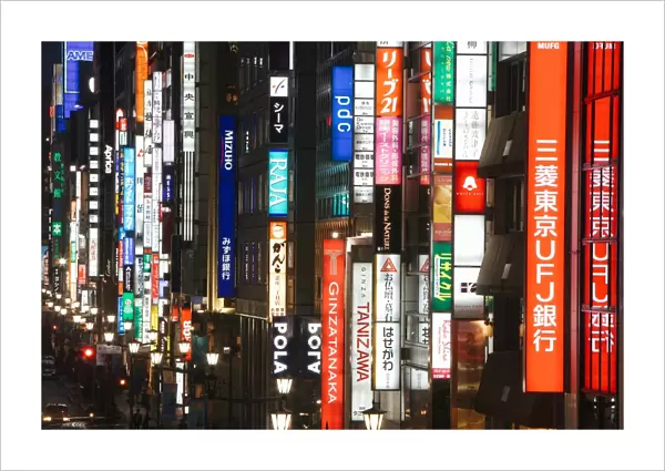 Chuo-dori, elevated view at dusk along Tokyos most exclusive shopping street, Ginza, Tokyo, Honshu, Japan, Asia