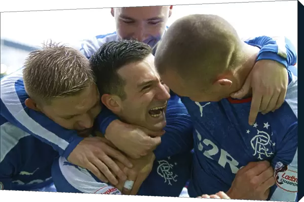 Unforgettable Moment: Holt, Waghorn, Miller, and McKay's Euphoric Celebration after Rangers Petrofac Training Cup Semi-Final Goal