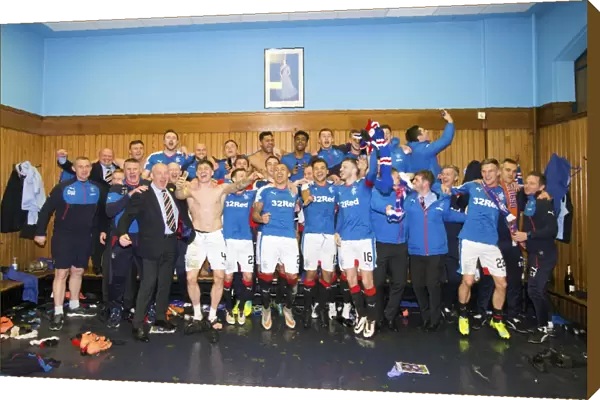 Mark Warburton and Rangers Team: Celebrating Championship Win in Ibrox Dressing Room