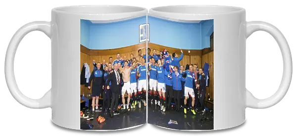 Mark Warburton and Rangers Team: Celebrating Championship Win in Ibrox Dressing Room