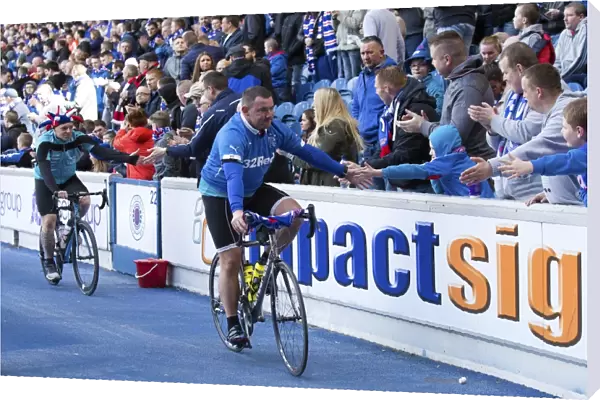 Charity Cyclists Amidst the Passion of a Ladbrokes Championship Match at Ibrox Stadium: Scottish Cup Champions Terrain