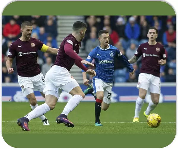 Intense Clash: Rangers Jason Holt Surrounded by Hearts Players at Ibrox Stadium