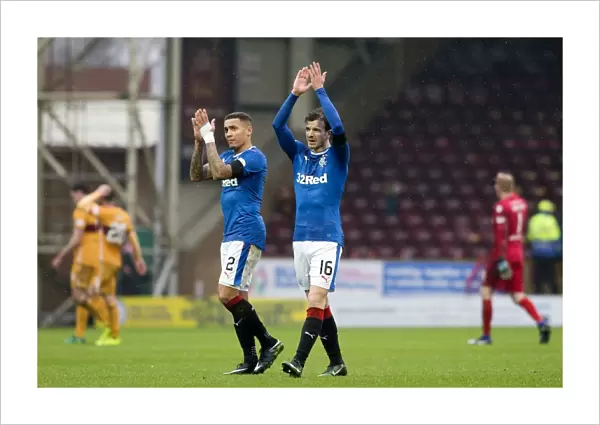 Rangers Players Tavernier and Halliday Celebrate Motherwell Victory with Fans
