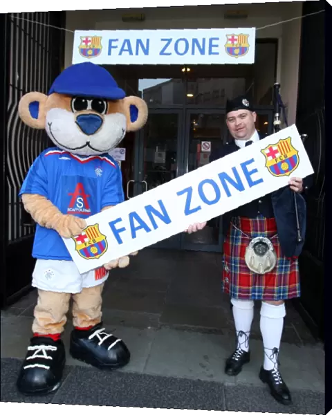 Clash of Fans: Rangers Broxi Bear and Piper in the Heart of Soccer Passion at Glasgow's City Hall (Rangers vs. Barcelona)