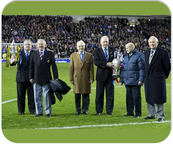 Rangers Football Club Legends Reunite: Jim Forrest, Eric Caldow, Davie Wilson, Harold Davis, Johnny Hubbard, and Bobby Brown at Ibrox Stadium's 140th Anniversary (Rangers 2-0 Stirling Albion)