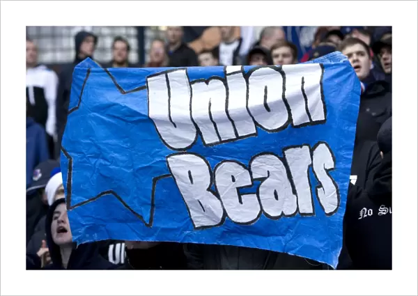 Exultant Rangers Fans Celebrate 4-0 Victory over Queens Park with Union Bears Banner at Ibrox Stadium