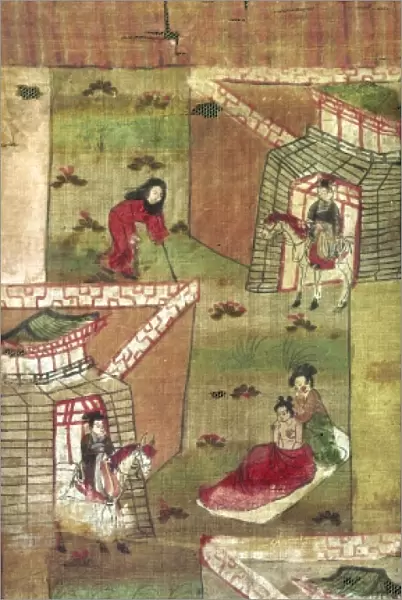 Prince Siddhartha Gautama encounters an old man, a sick man, a decaying corpse, and a wandering ascetic. Painting on silk, 10th century, from Tun Huang, Gansu province, China