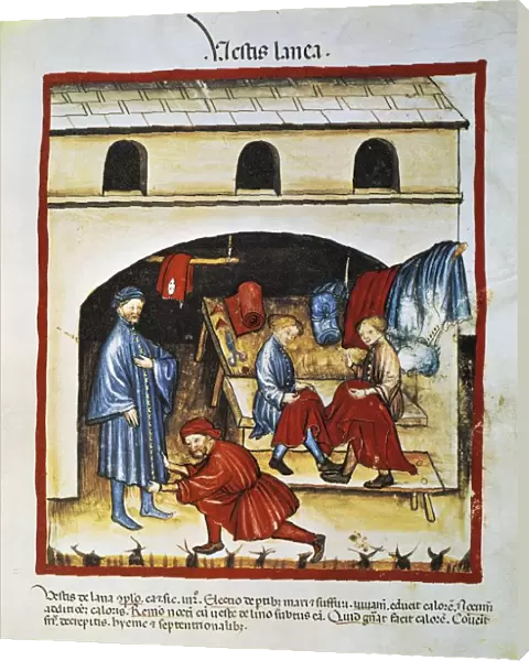 Italy, Tailor shop with wool clothing, miniature by Giovannino de Grassi (1350-1398) from Tacuinum Sanitatis