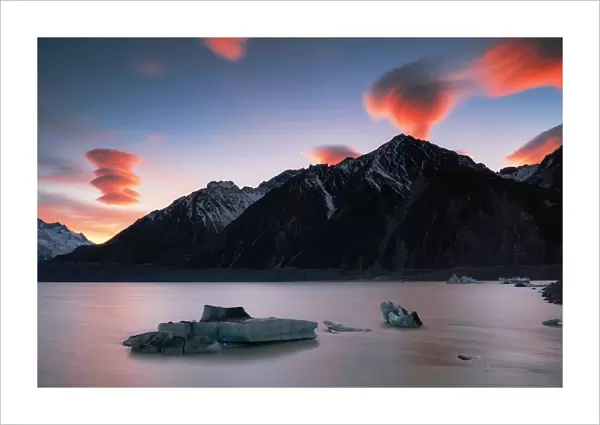 Tasman Glacier and Lenticular clouds sunrise