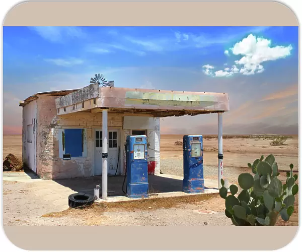 Retro Style Scene of old gas station in Arizona Desert