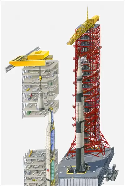 Illustration of Saturn V rocket on launcher platform, vehicle assembly building and cross-section through rocket