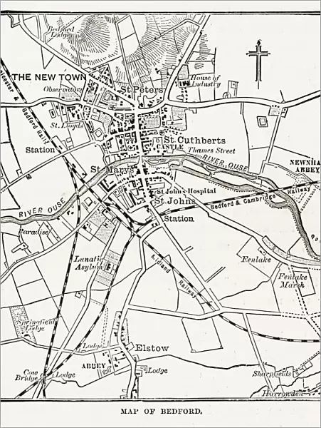 Map of the City of Bedford, England Victorian Engraving, 1840