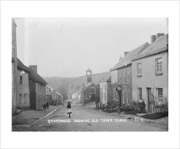 Grampound showing old town clock, Fore Street, Grampound, Cornwall. Early 1900s