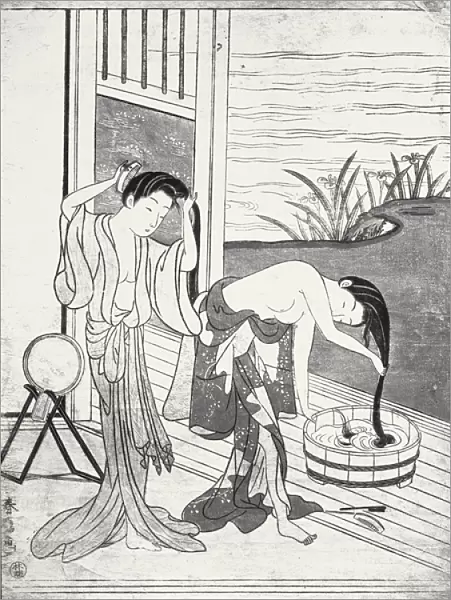 Young Women at their Toilet (woodcut) (b  /  w photo)