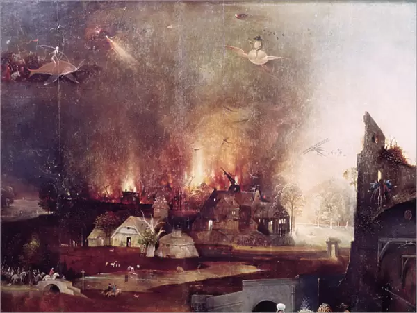 Detail of the village on fire, from the cenral panel of the Temptation of St. Anthony