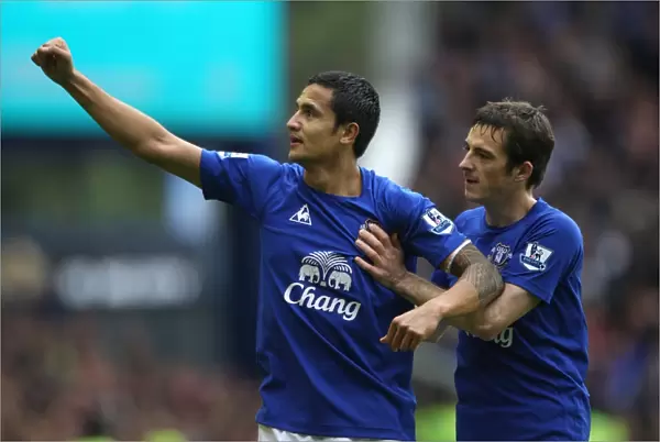 Everton's Tim Cahill and Leighton Baines Celebrate Historic First Goal Against Liverpool at Goodison Park