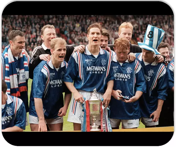 Richard Gough Rangers football player with the Scottish Cup celebrates with Ian Durrant