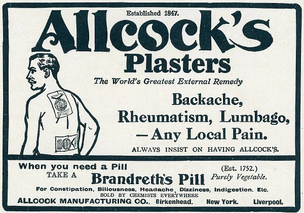Advert for Allcocks Plasters for aches and pains WWI