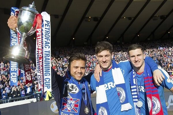 Rangers FC: Harry Forrester, Rob Kiernan, and Dominic Ball Celebrate Petrofac Training Cup Victory at Hampden Park (2003)