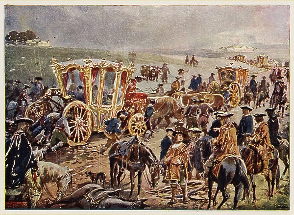 King John V of Portugal travelling to the Spanish border, 1729 (colour litho)