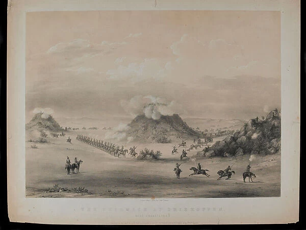 The Skirmish at Driekoppen, near Zwaartkopjes, 1845, engraved by Paul Gauci (1834-66)