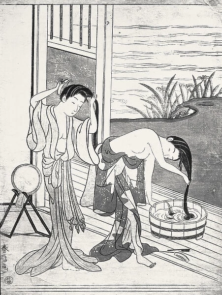 Young Women at their Toilet (woodcut) (b  /  w photo)