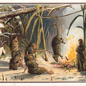 Fairies roasting their dinner on a Christmas card