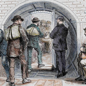 Tunnel in London. Workers going to their jobs. Colored engraving in The Spanish