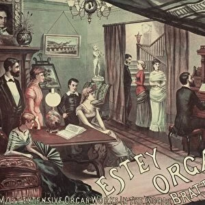 MUSICAL EVENING AD, c1890. A musical evening in a Victorian parlor. Lithograph advertising poster of the Estey Organ Company of Brattleboro, Vermont, c1890