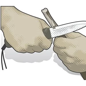Digital illustration of how to hold knife to remove bark off branch using backhand grip