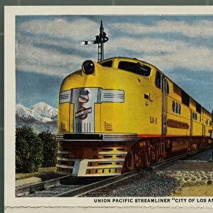 Union Pacific Streamliner. ca. 1939, USA, The Streamliners, City of Los Angeles, 39 3 / 4 hours between Chicago and Los Angeles, carry de luxe coaches, standard sleeping cars, dining cars, club and lounge cars. Ten round trips are made each month