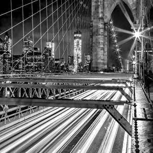 Brooklyn Bridge at night in black and white