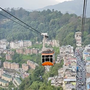 Gondola of a cable car and the town of Gangtok, aerial view, Sikkim, Himalayas, India