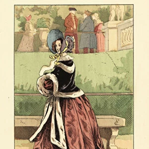 Fashionable woman in the Luxembourg Gardens in 1838, 1898 (litho)