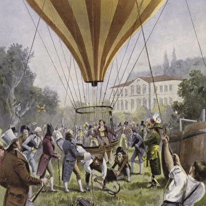 Gay-Lussacs balloon ascent from Paris, 9 September 1804 (colour litho)