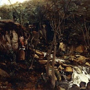 Lormes - A Torrent with a Standing Peasant, Spinning Wool, 1842 (oil on canvas)