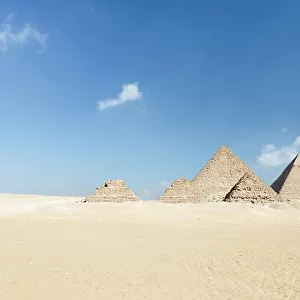 The three main pyramids with the three queen's pyramids in the foreground, Giza, Egypt, 2020 (photo)