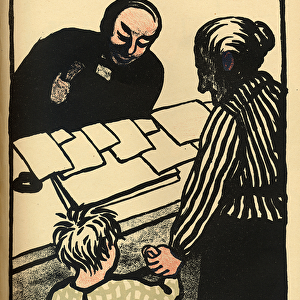 A woman and child hand over their savings to the priest, from Crimes and Punishments
