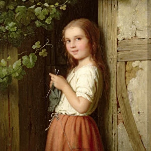 Young Girl Standing in a Doorway Knitting, 1863 (oil on canvas)
