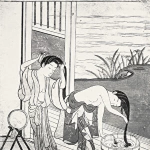 Young Women at their Toilet (woodcut) (b / w photo)