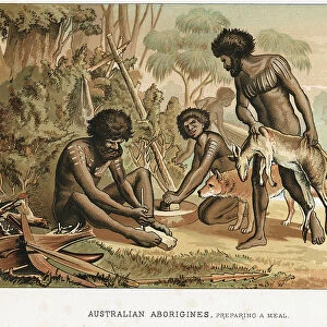 Australian natives preparing meal from an animal they have hunted, c1895