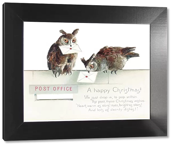 Two owls on a Christmas card