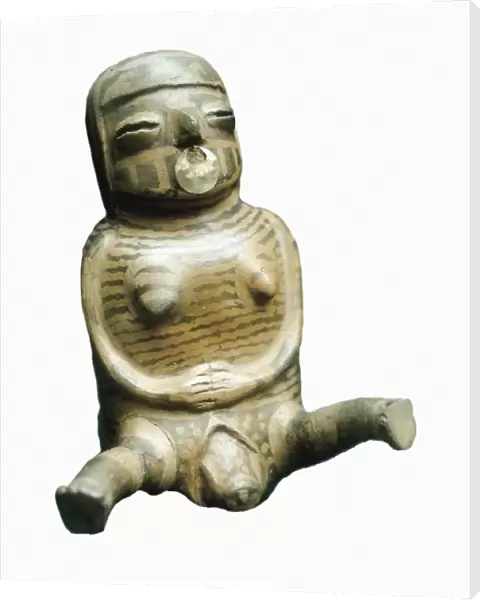 Bottle with female form and gold nose ring. Childbirth