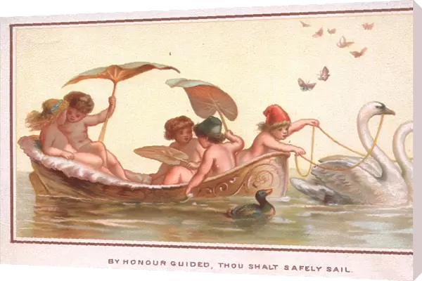 Fairies in a boat drawn by swans on a greetings card