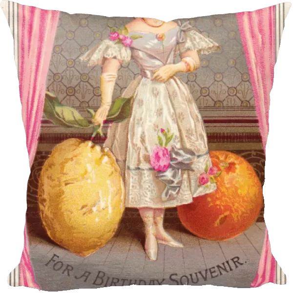 Lady with giant lemon and orange on a birthday card