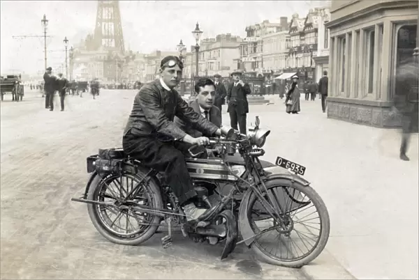 Gentlemen on a 1914 Triumph motorcycle & sidecar