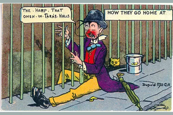 Comic postcard, Drunken man on his way home, playing the railings like a harp Date
