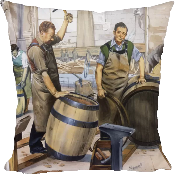 Coopers at work making wooden barrels