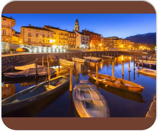 Touristic harbour of Ascona at dusk, Ascona, Lake Maggiore (Verbano), Canton of Ticino