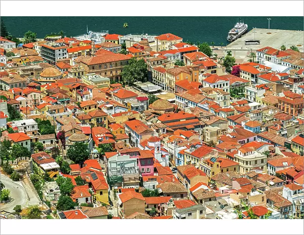Historic town panoramic view, with traditional low-rise red tile roof buildings, Nafplion, Peloponnese, Greece, Europe